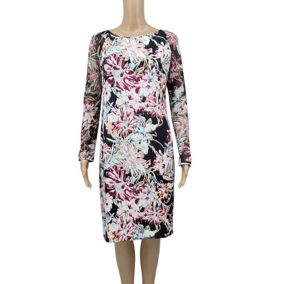 L'AGENCE Silk Floral Midi Dress with Mesh Long Sleeves Black Women's Size 8 - Picture 1 of 12